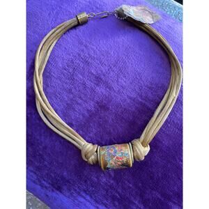 1970s choker vintage necklace painted ceramic bead gold satin cord hippie boho